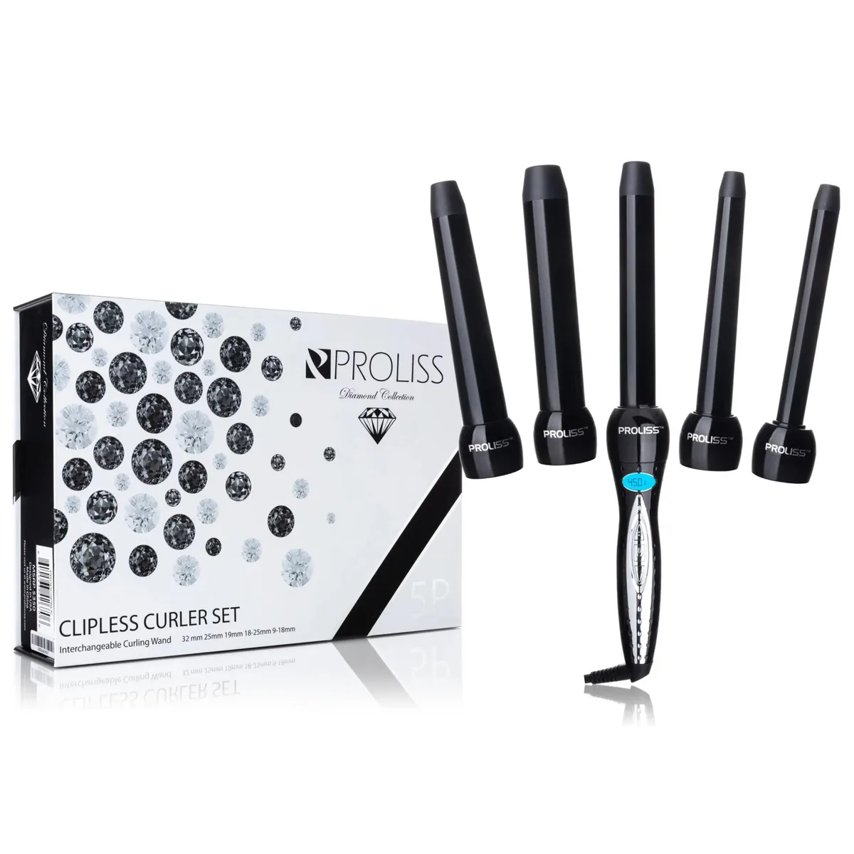 Proliss Proliss Trio Twister Diamond Collection 5-in-1 Ceramic Curling Wand Set Black — product photo