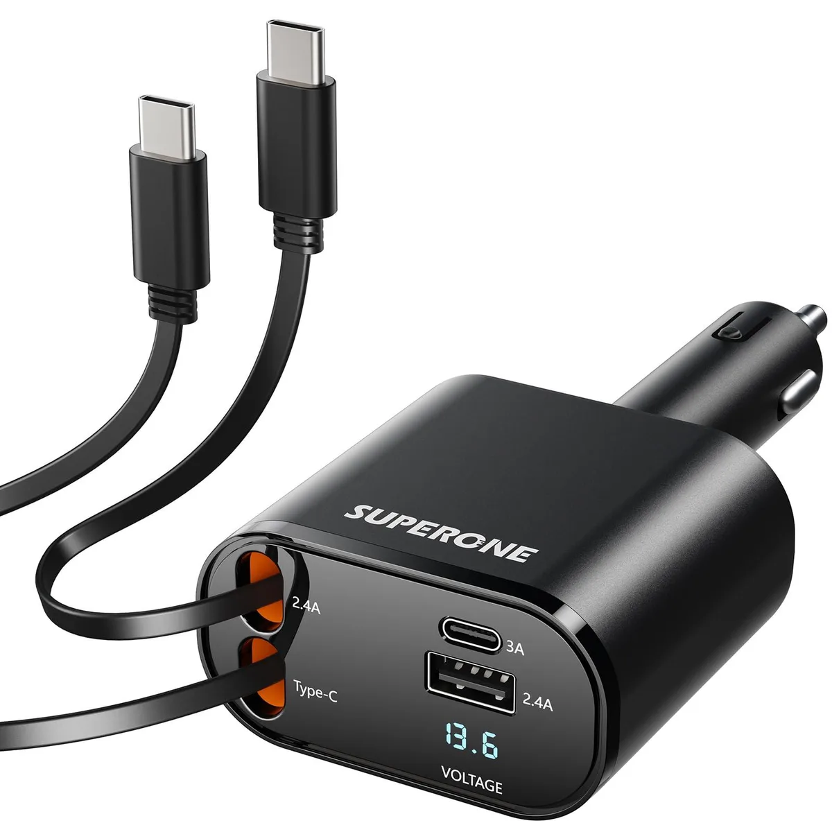 Black car charger with two retractable USB-C cables, USB-C and USB-A ports, LED voltage display