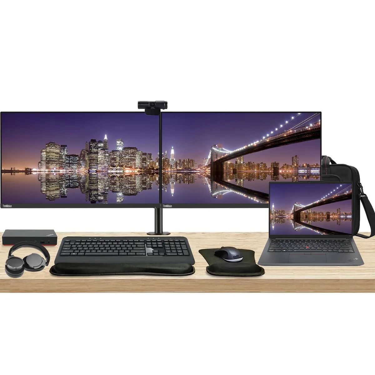 Lenovo Lenovo E14 Gen 5 14" Ryzen 5 7530U 8GB 256GB SSD bundle with dual 27" monitors, dock, peripherals — product photo