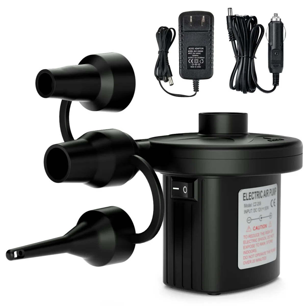 White plastic portable electric air pump with three nozzles, 12 pack