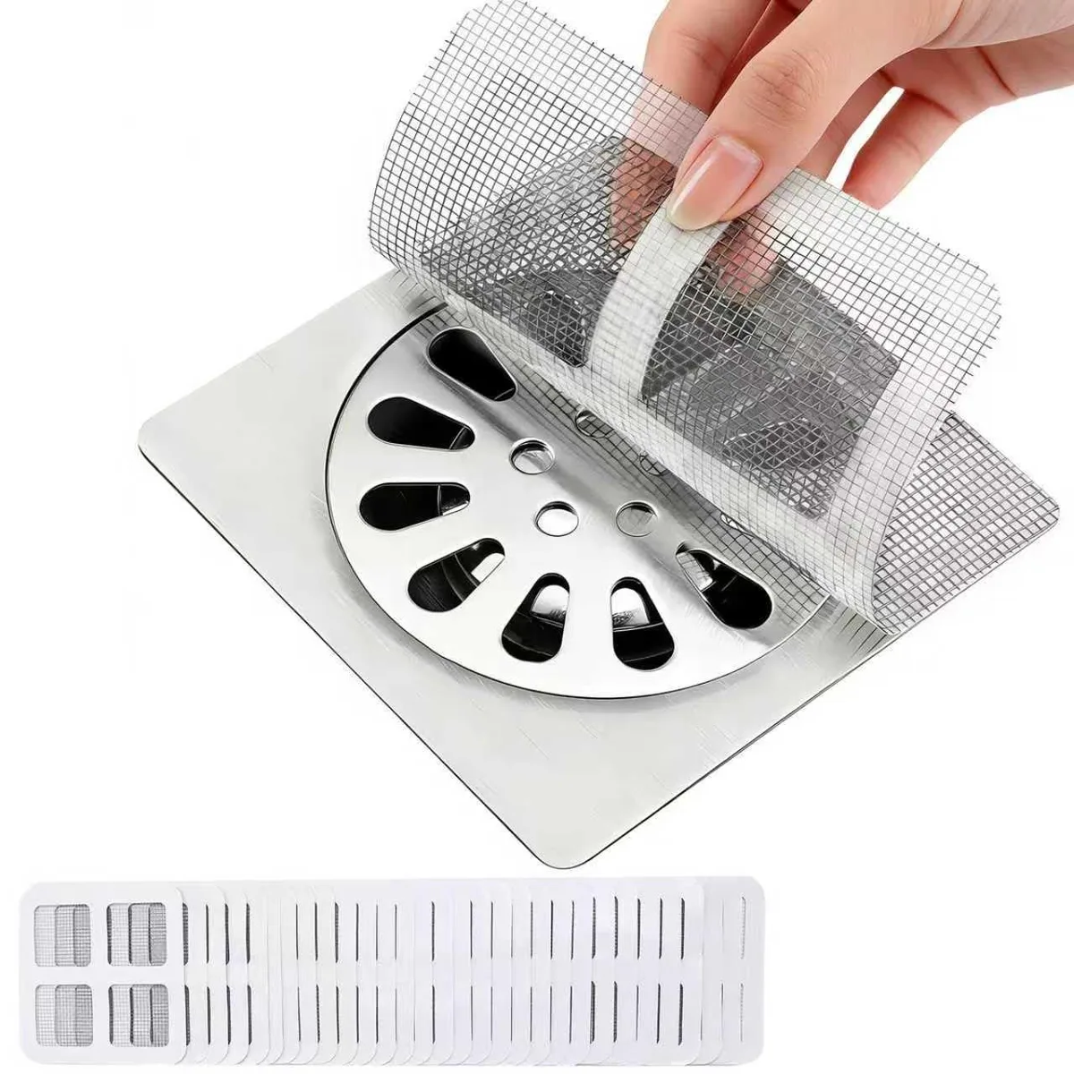 Pack of 30 white disposable mesh drain stickers with adhesive backing