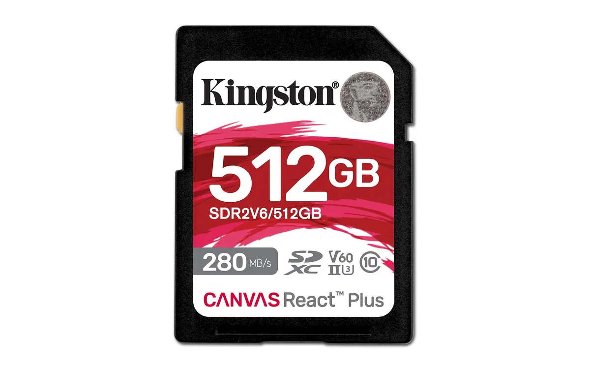 Kingston Technology Corp. Kingston Technology Corp. SDR2V6/512GB 512GB SDXC Canvas React Plus UHS-II U3 V60 memory card — product photo