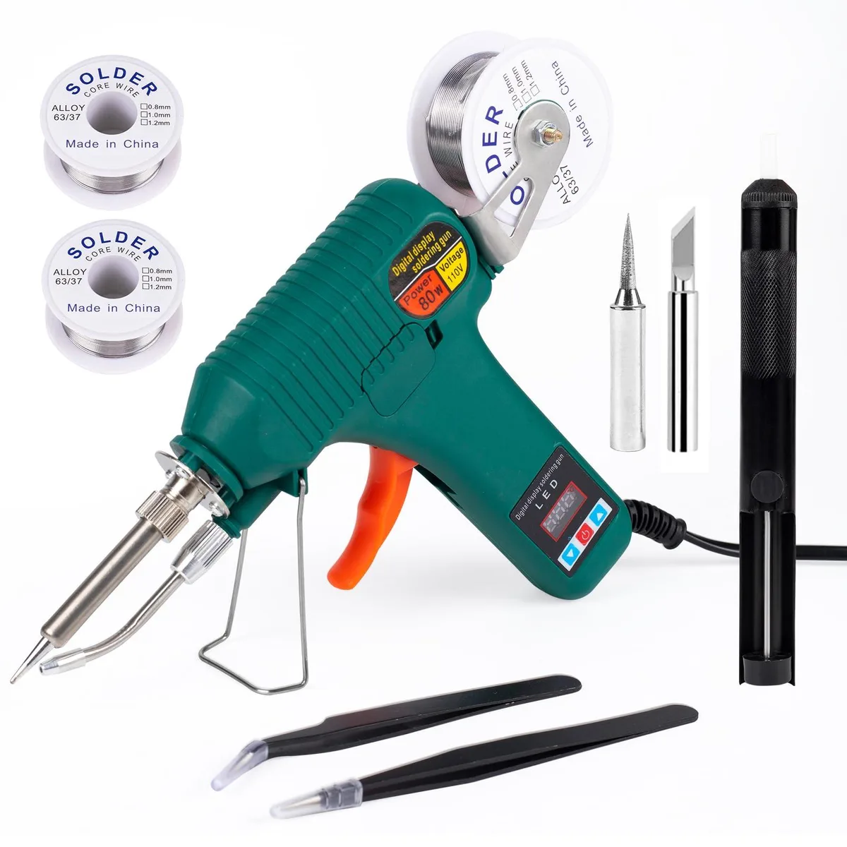 80W digital soldering gun kit with LED display, adjustable 180-520°C temperature, internal heating, detachable stand