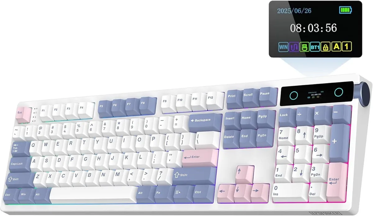 usbroway usbroway TH108 PRO Full Size Mechanical Gaming Keyboard with Screen &amp; Knob, 10000mAh, White Sea Salt Silent — product photo