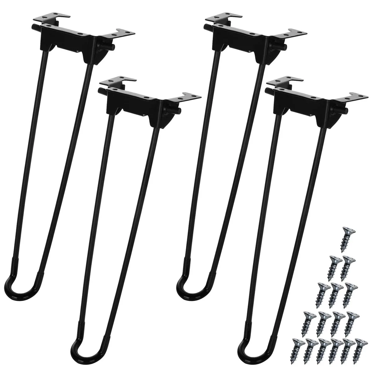 Four black folding hairpin table legs with mounting plates and rubber feet