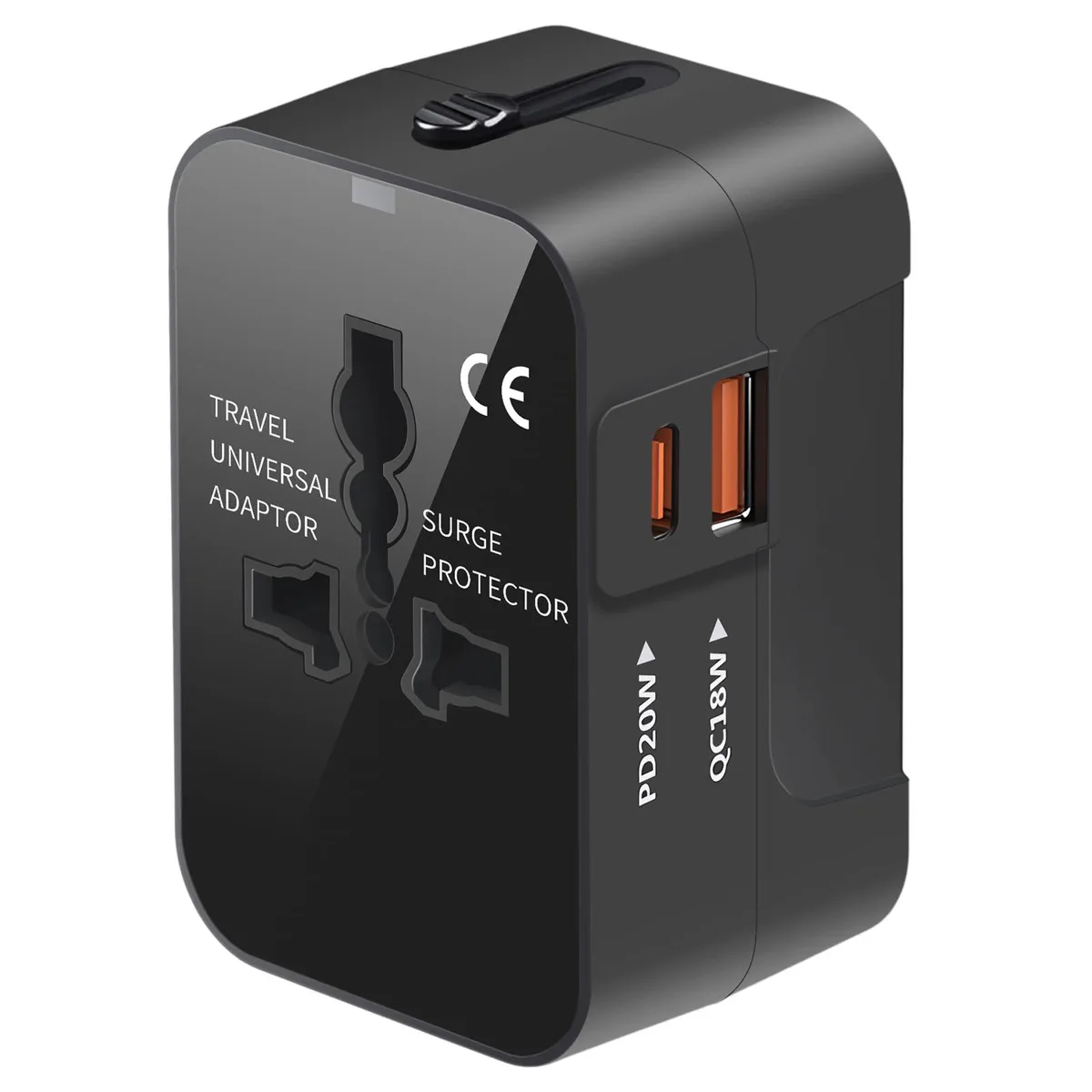 Compact black universal travel adapter with sliding plug mechanisms and USB ports