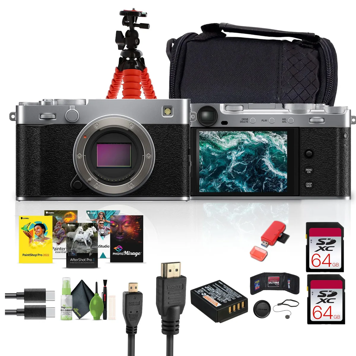 Silver mirrorless camera body with two 64GB memory cards