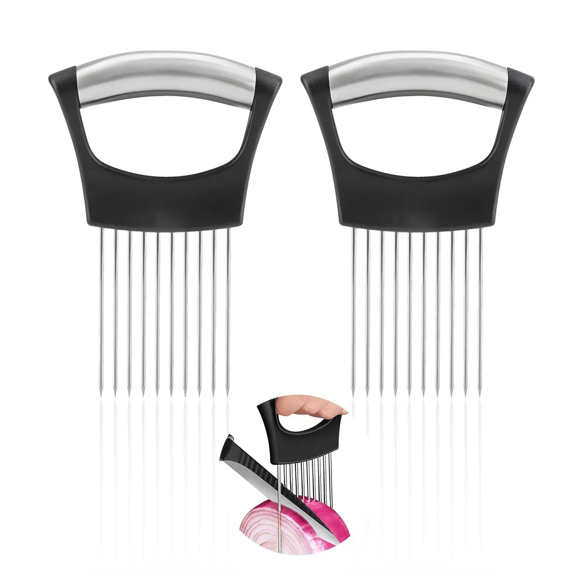 Two black stainless steel onion holders with ten prongs and wide handles