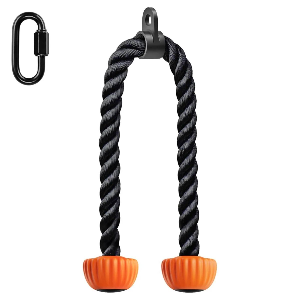 Orange nylon triceps rope, 28 inches long, with soft rubber end caps and a central metal attachment loop