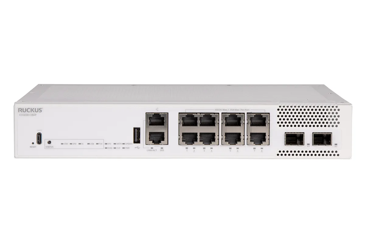 RUCKUS WIRELESS RUCKUS WIRELESS ICX8200-C08ZP network switch 8× PoE++ 90W 2× 25G SFP28 240W budget — product photo