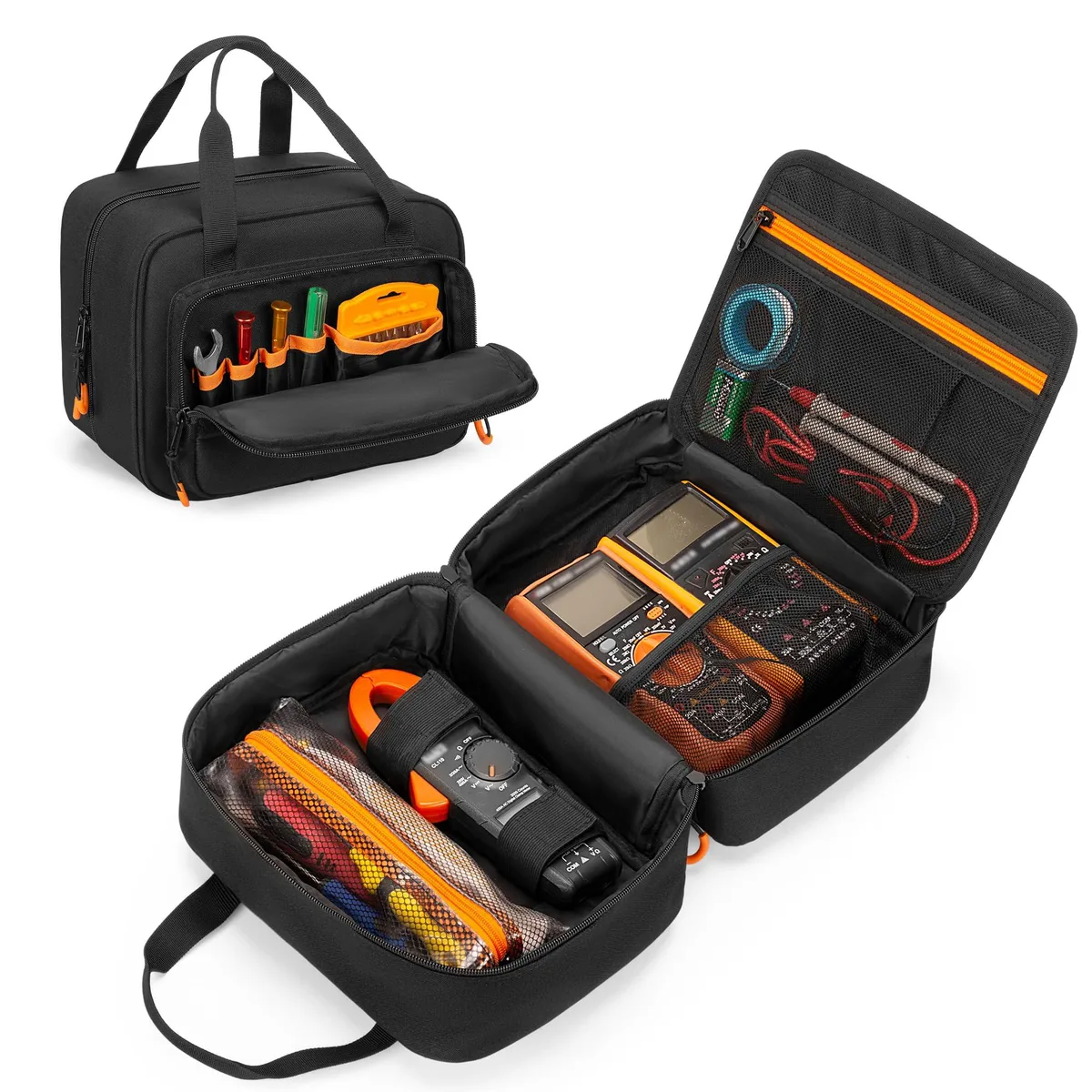 Black nylon tool bag with handle, zip pockets and elastic loops, 10.2 by 7.9 by 5.3 inches