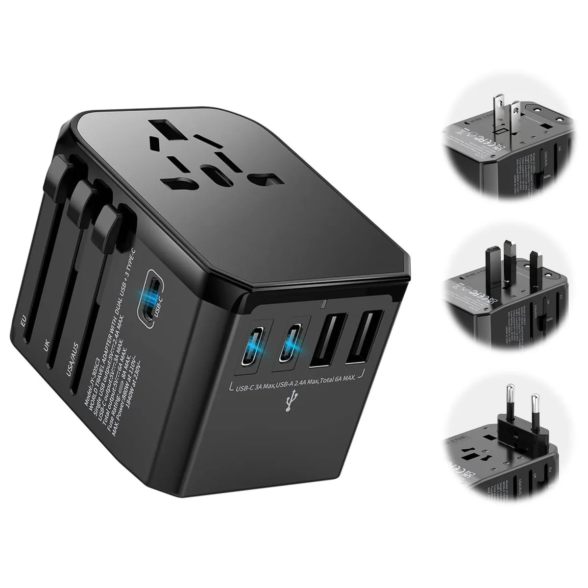HICHOR JY-305C3 Universal Travel Adapter with 3 USB-C 2 USB-A AC Outlet — product photo