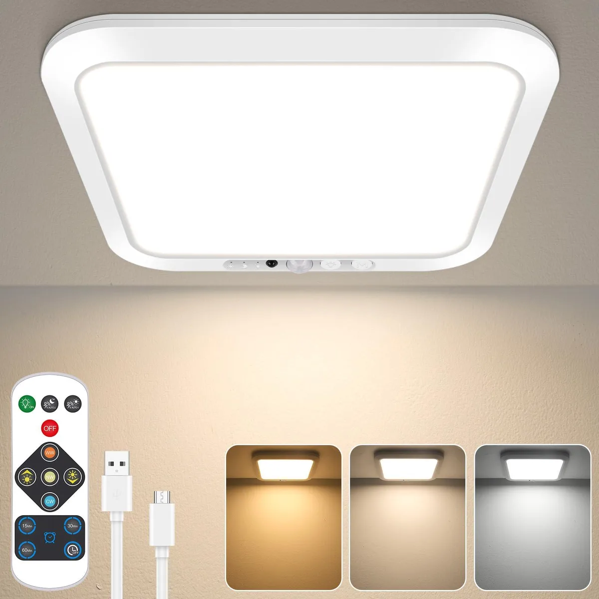 Thin round plastic ceiling light with magnetic mount and remote, white finish
