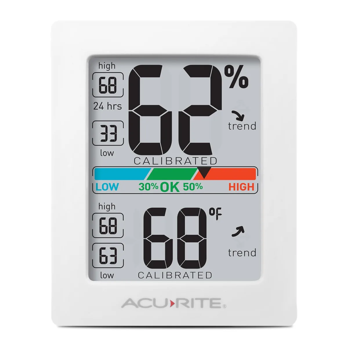 White rectangular digital hygrometer thermometer with LCD display and comfort indicator