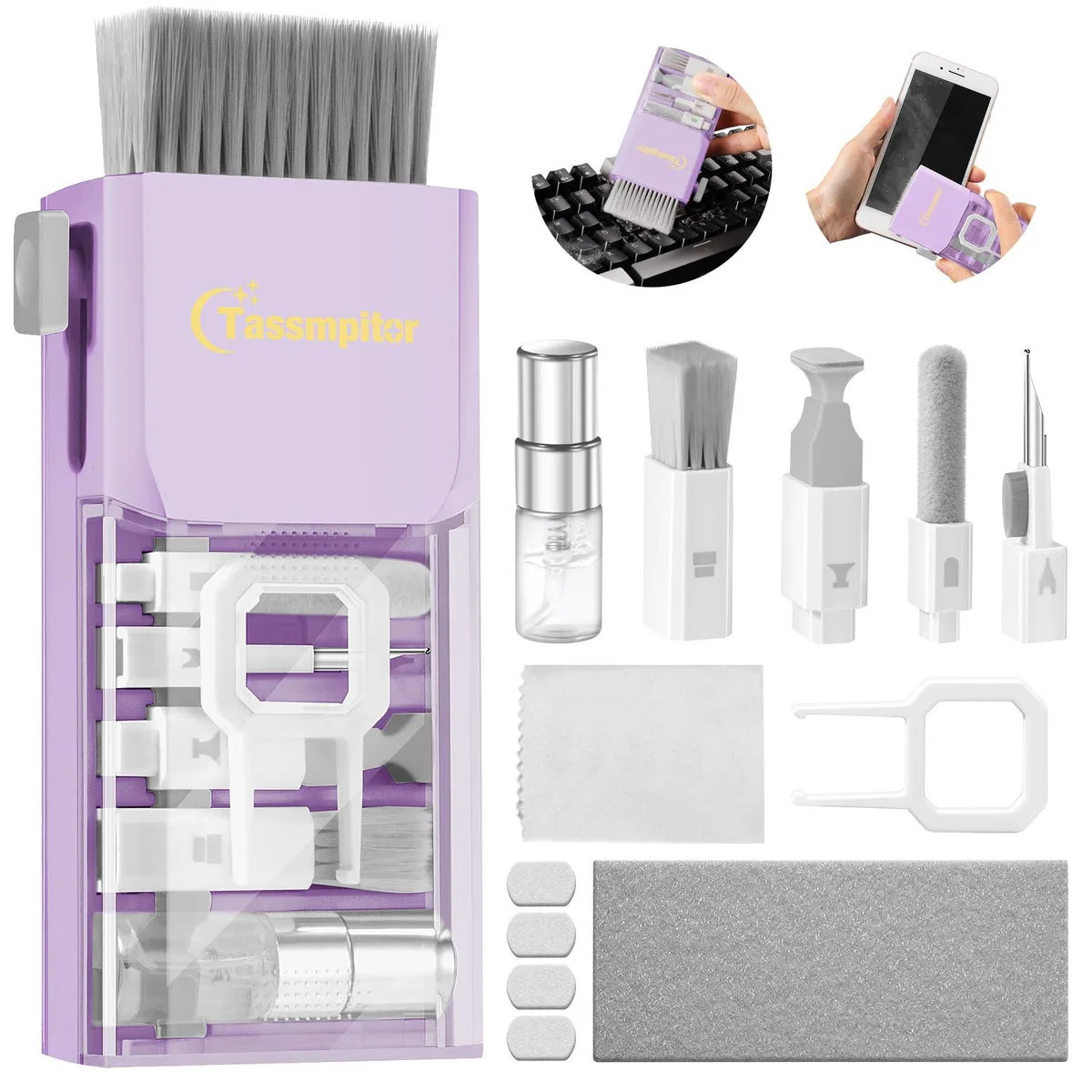 Compact 10-in-1 cleaning kit in plastic case with brushes cloths and tools