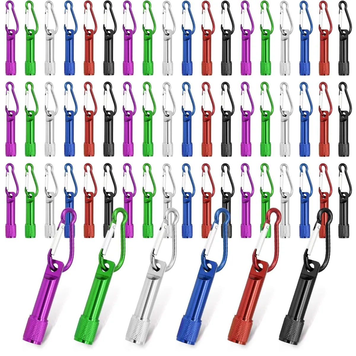 Sixty tiny rectangular metal flashlights with carabiner clips in a bulk pack