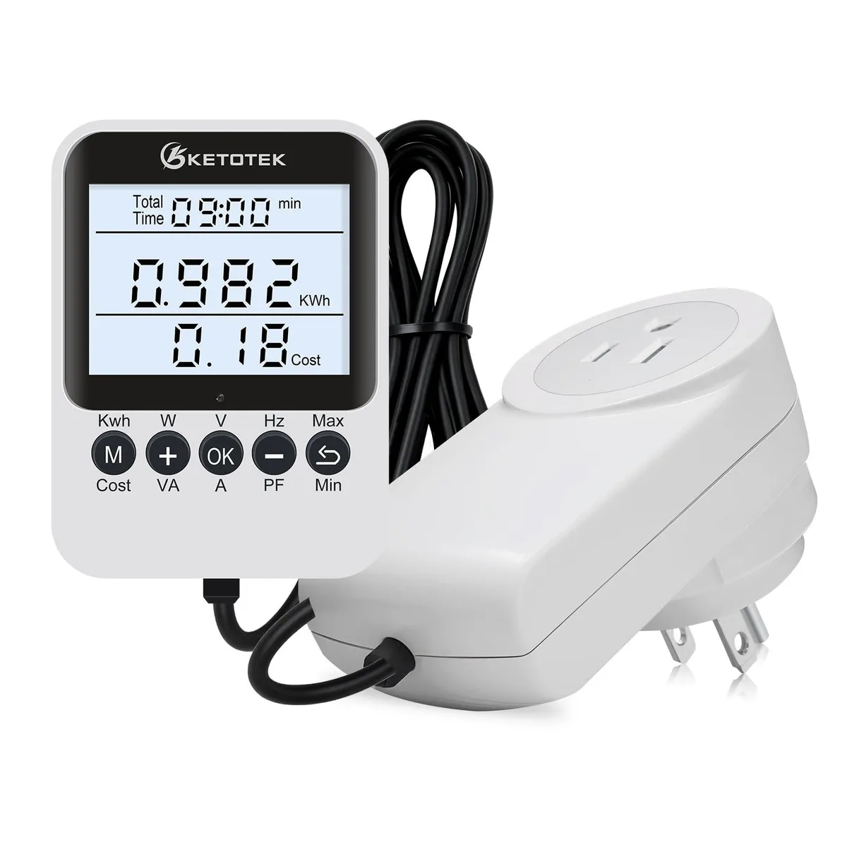 Red Klein Tools watt meter with split backlit display and cable