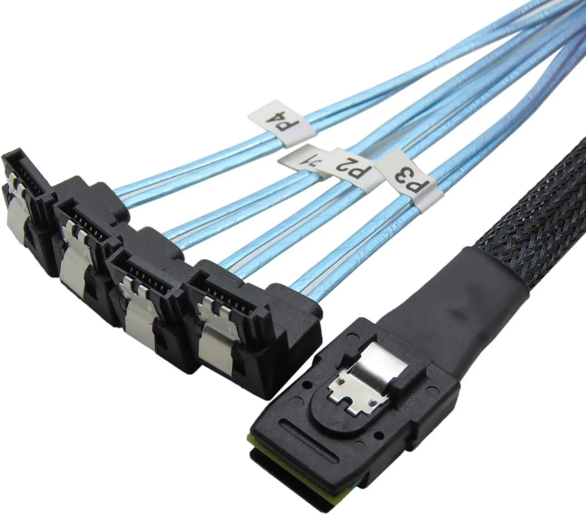 Mini SAS SFF-8087 plug to four right-angle SATA connectors on a .5 m cable