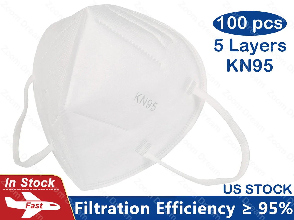 White KN95 face mask with ear loops and adjustable nose bridge, 100 pieces