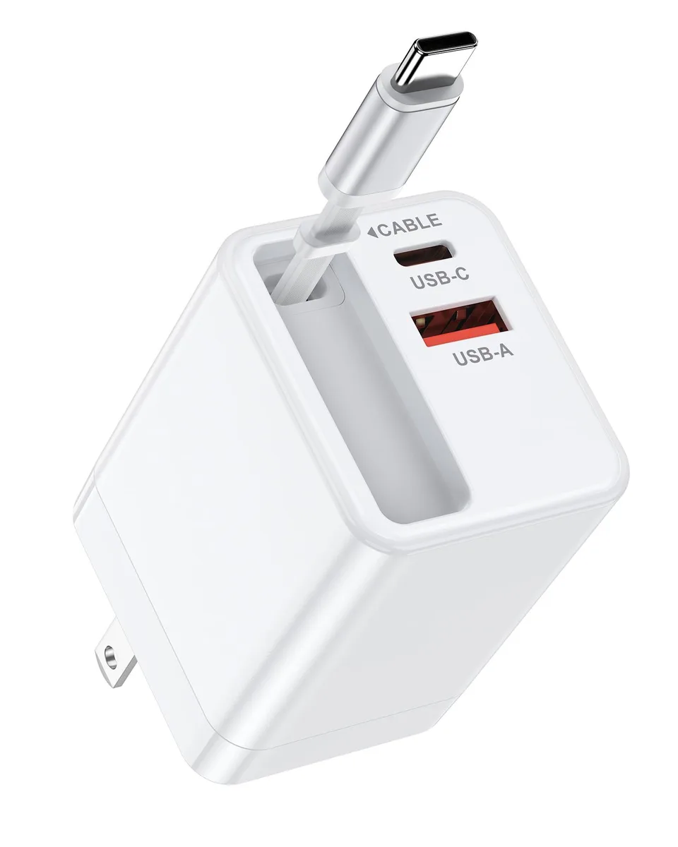 Compact white wall charger with retractable USB-C cable and two extra ports