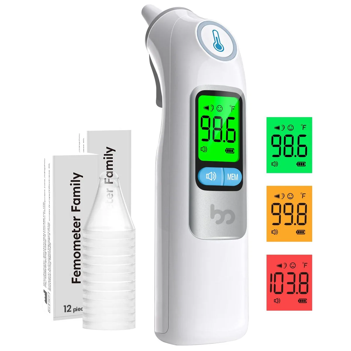 White ear thermometer with 24 probe covers and 30 memory recall