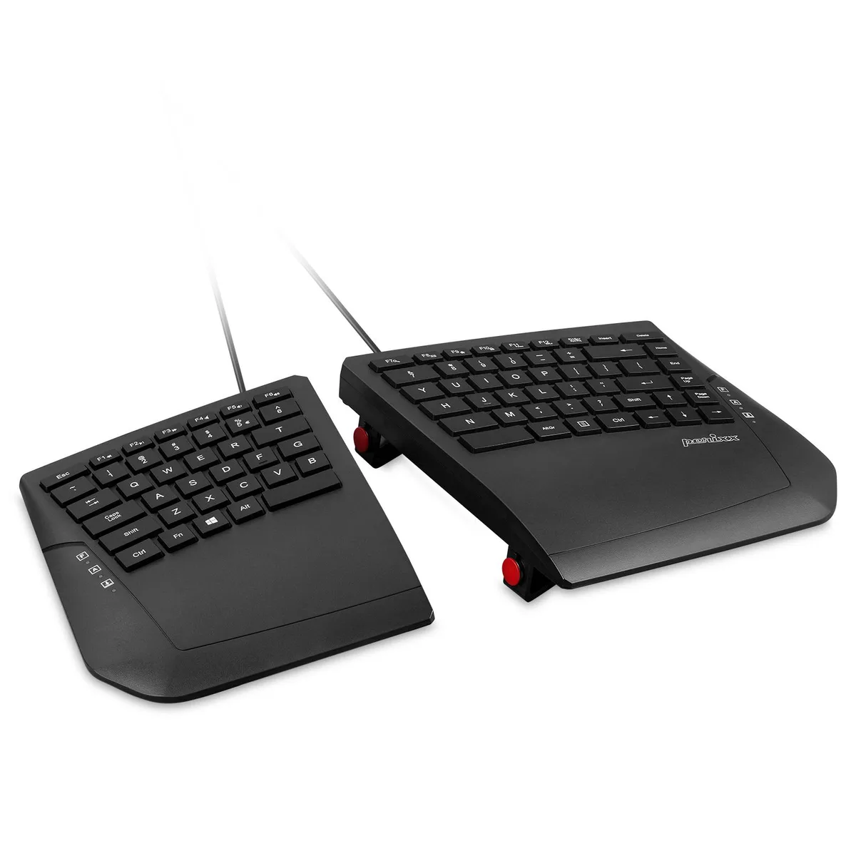 Black wired ergonomic split keyboard with curved keys and adjustable tilt feet