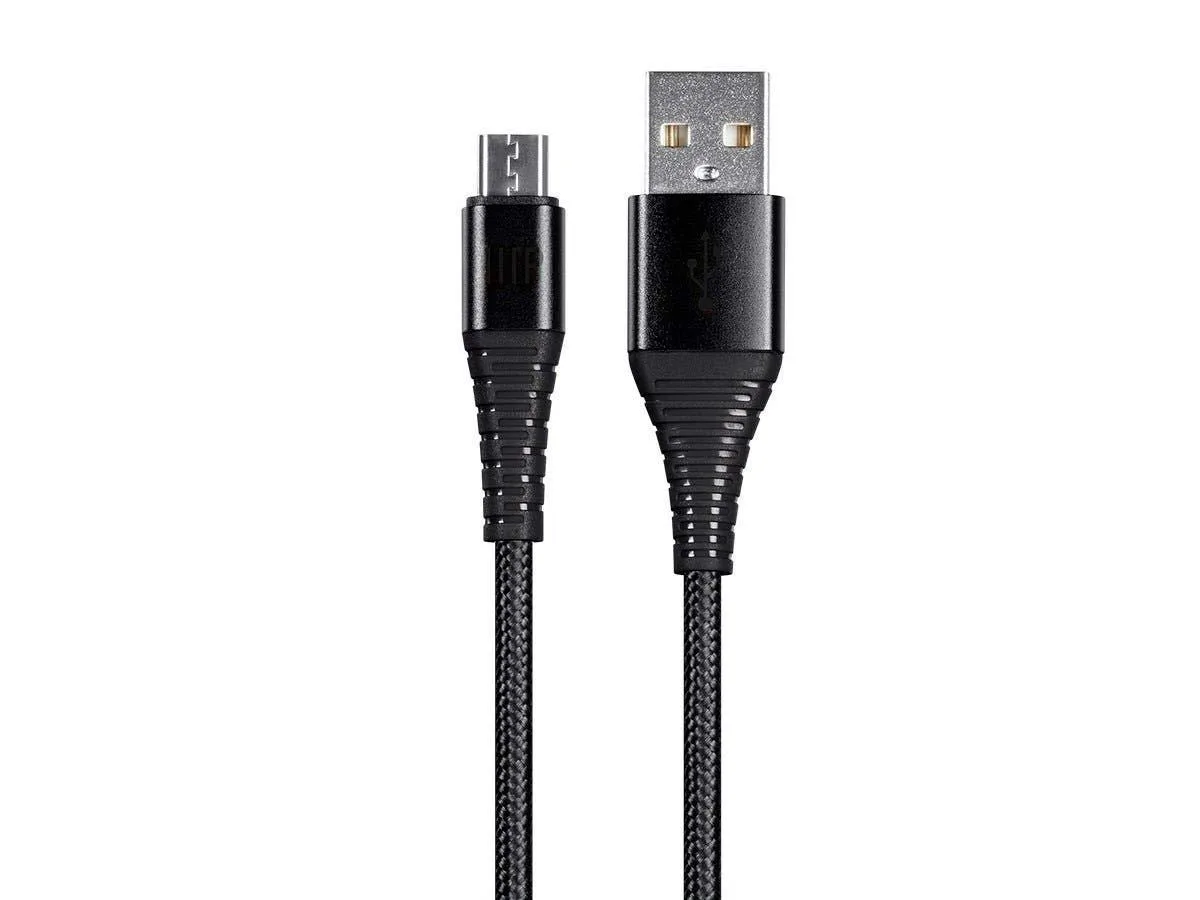 Black braided USB 2.0 Micro-B to Type-A cable with aluminium connectors, six feet long