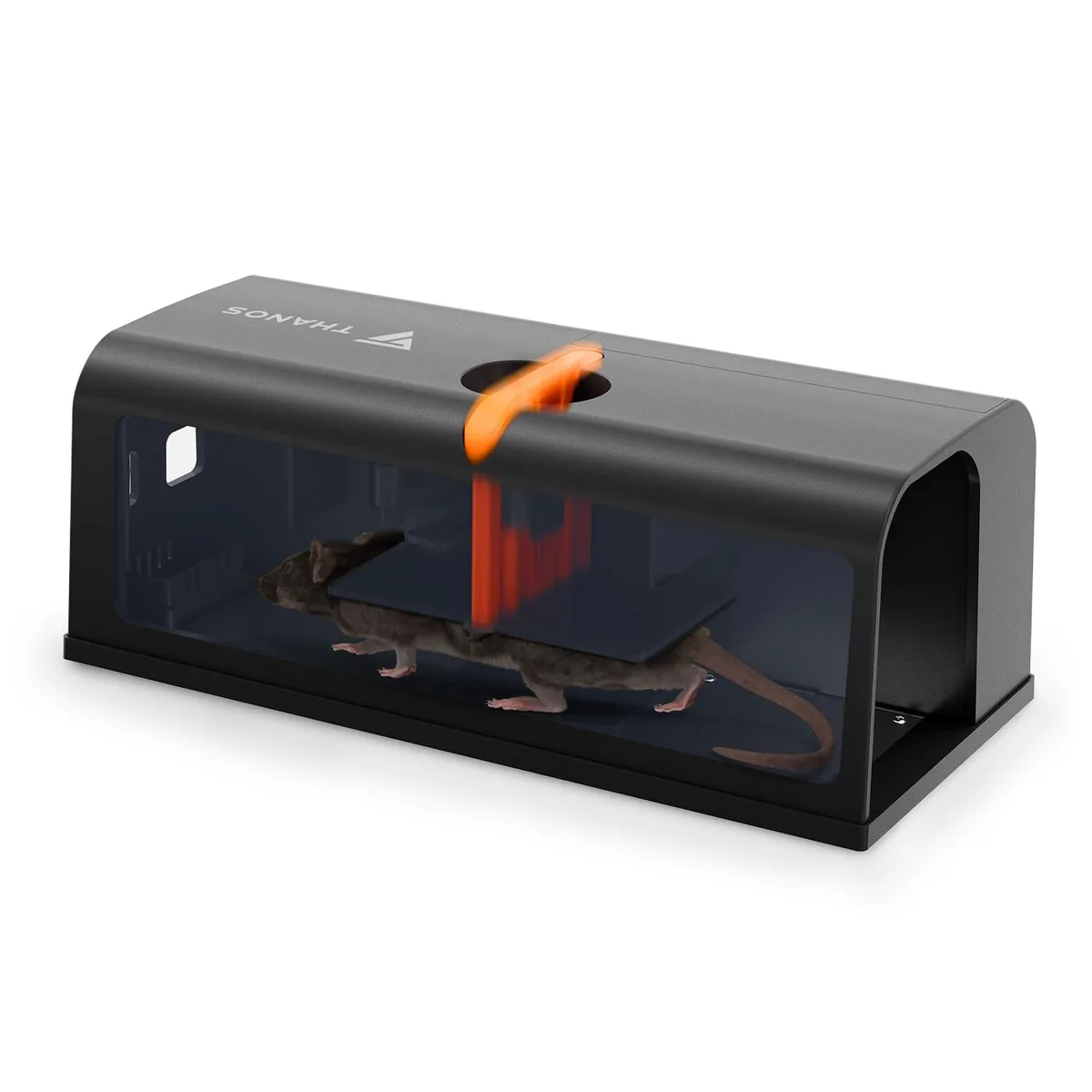 Black rectangular electric rat trap with rounded corners and bait cup visible