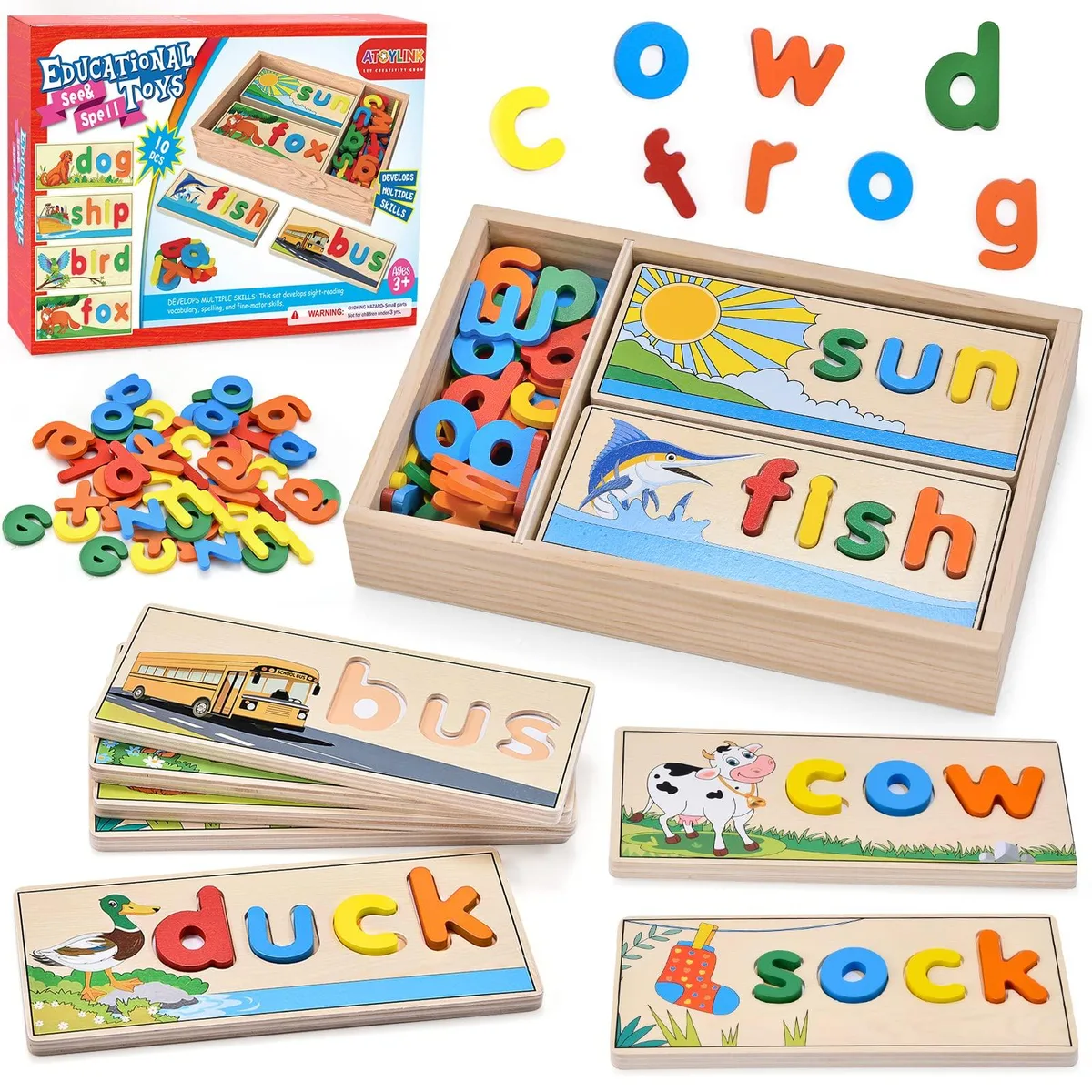  Atoylink Wooden Spell Learning Toy 77 Letters 10 Boards — product photo