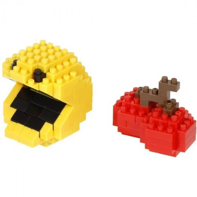 Small boxed building kit with 150 tiny bricks forming Pac-Man and a cherry, finished model about 1.49 inches tall