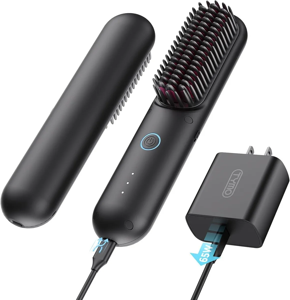 Black cordless straightening brush with ceramic bristles, compact cylindrical shape