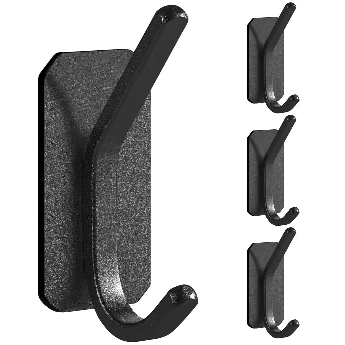 Four matte black adhesive wall hooks in a pack