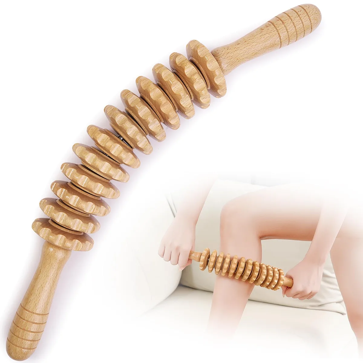Wooden 12-wheel massage roller, 15.1 inches long with smooth beveled finish