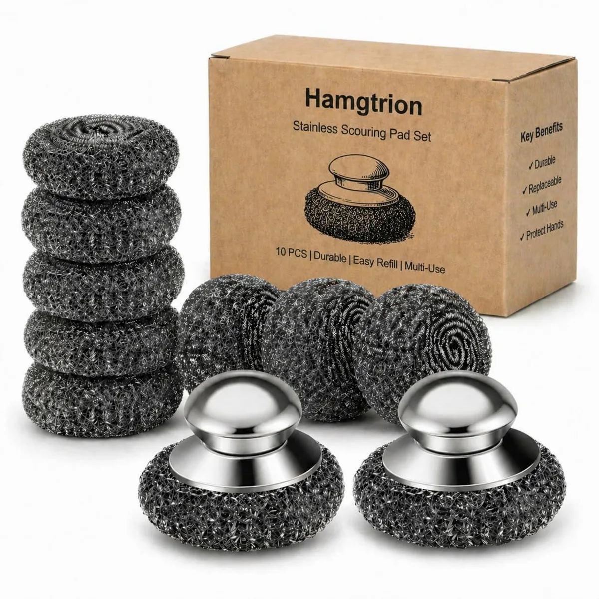 Steel Wool Scrubber 10-Pack Stainless Steel Scrubber Pads with Handle cleaning kit — product photo