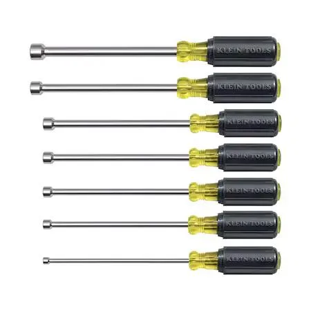 Seven magnetic nut drivers in chrome finish with colour coded cushion grip handles
