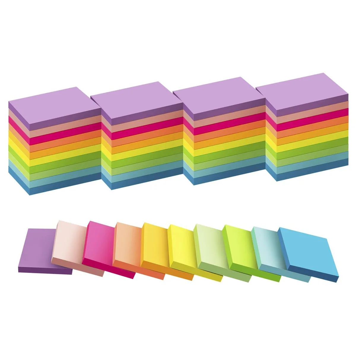 Fifty square sticky-note pads in ten bright colours, each pad 1.5 by 2 inches
