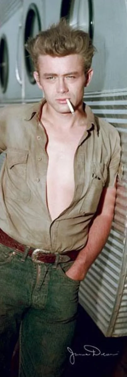 Poster print of James Dean at a trailer door, 36 by 12 inches