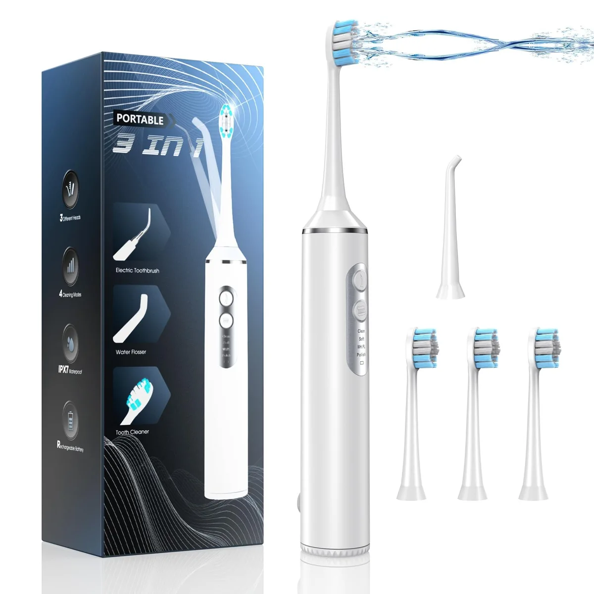 White 2-in-1 electric toothbrush and water flosser with dual-outlet brush head