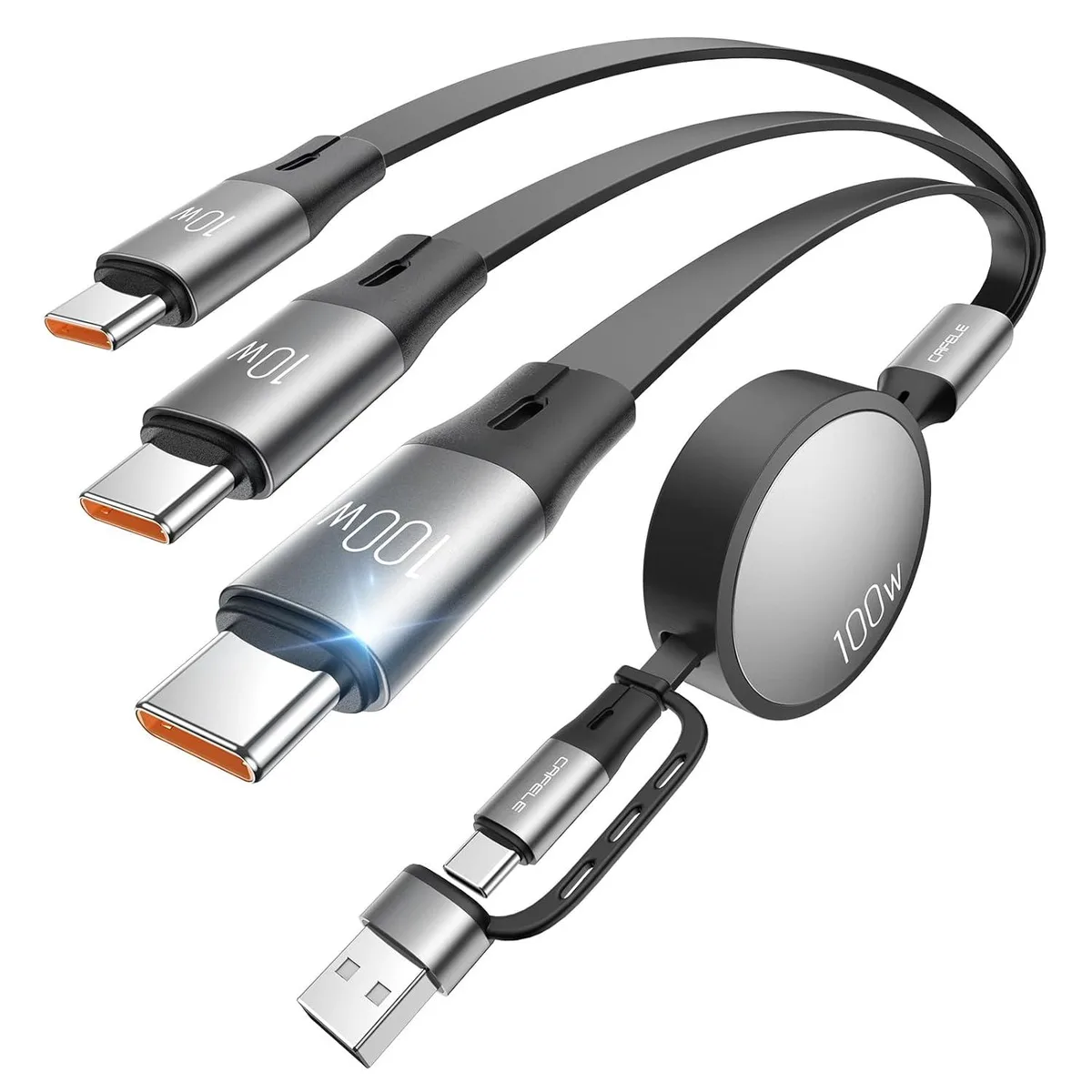 Mobee Mobee Retractable 3-in-1 USB-C Cable 100W 30-130cm PD3.1 QC5.0 Grey — product photo