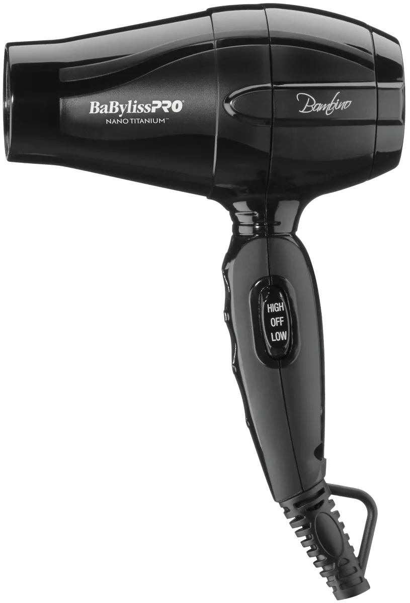 Black compact hair dryer with Nano Titanium branding