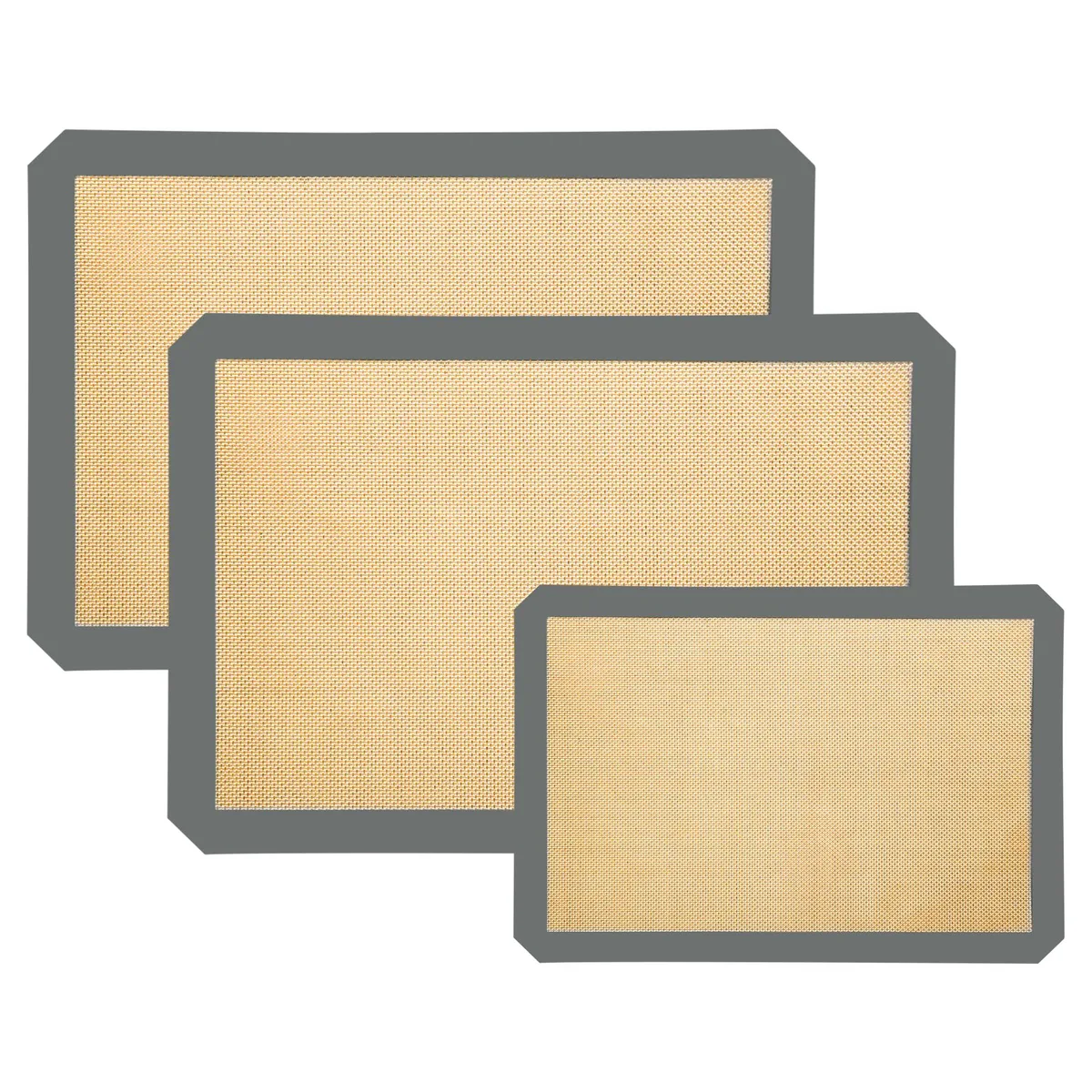 Three gray silicone baking mats, two medium and one small, stacked flat