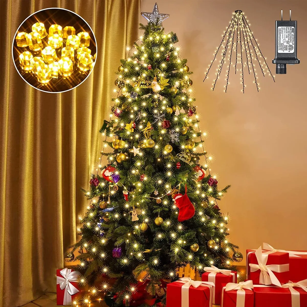Ten green-wire strings with diamond LEDs on a top ring for tree hanging