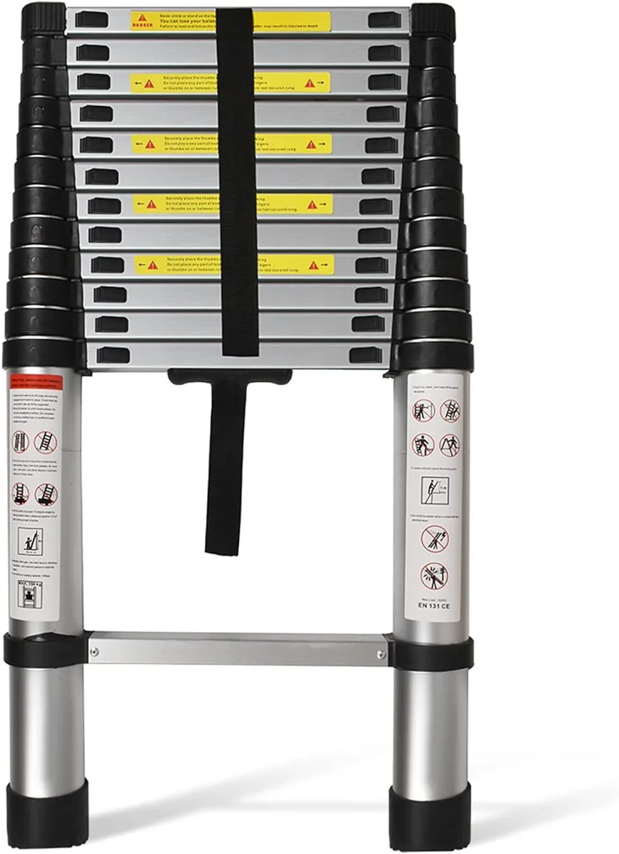 Silver aluminium telescoping ladder folded to 34 inches, lightweight 21 lb frame with wide rungs and rubber feet