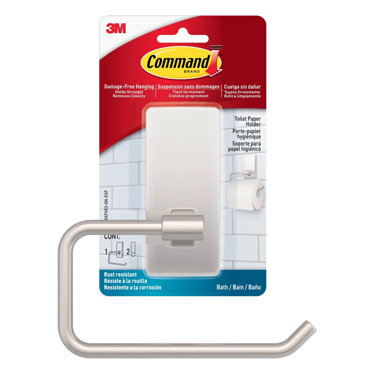 Satin nickel toilet paper holder with adhesive strips