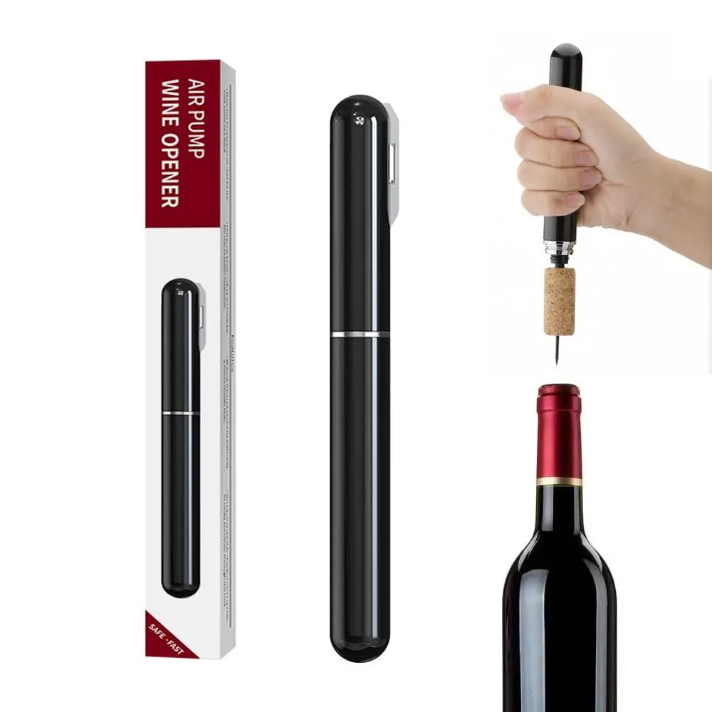 Black pen-shaped wine opener with integrated foil cutter, 7.87 inches long