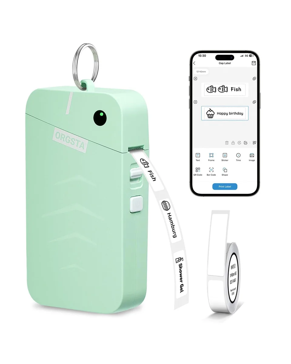 Compact green label printer with metal ring, pocket-sized thermal sticker maker