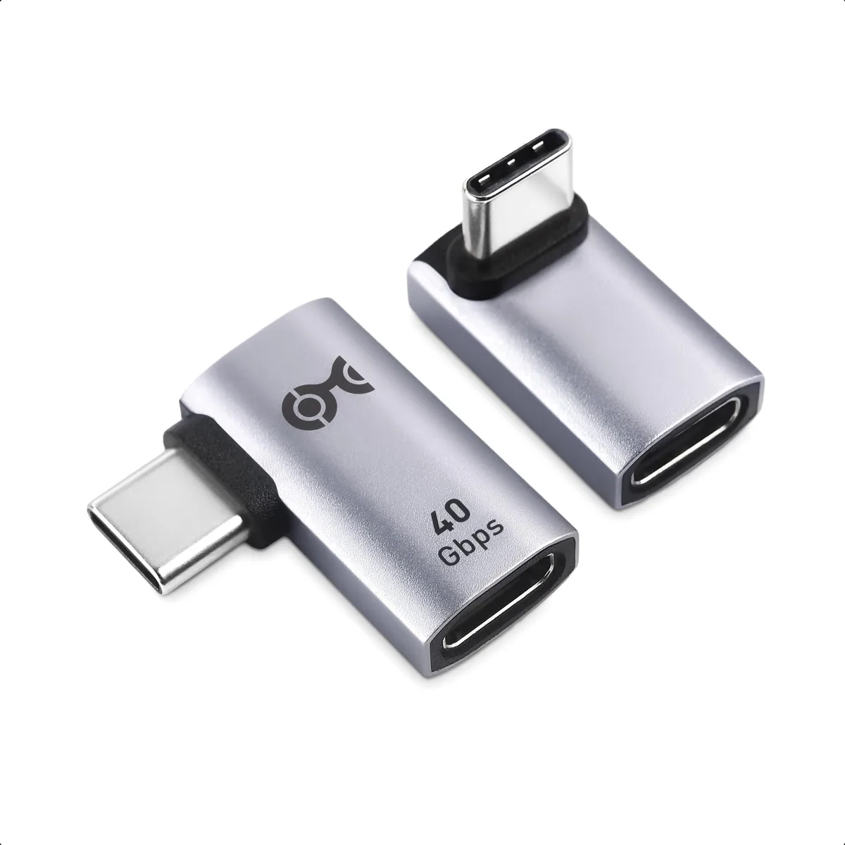 Two black right-angle USB-C adapters, one vertical and one horizontal, aluminum shells with gold connectors