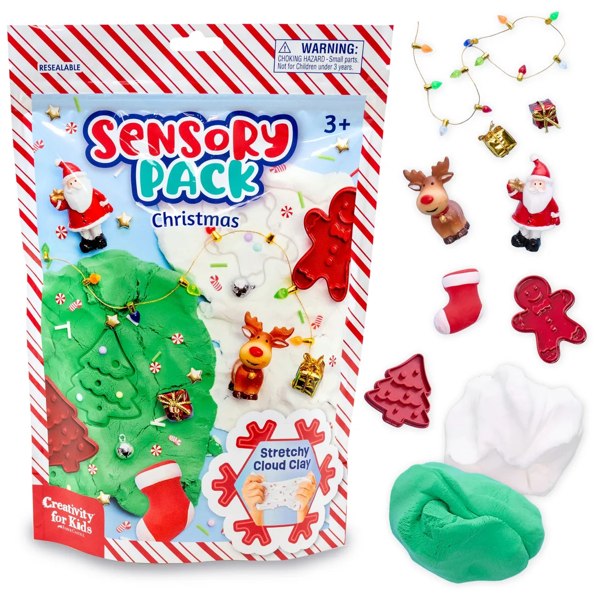 Colourful Christmas sensory kit with clay, figures and festive accessories in a portable box
