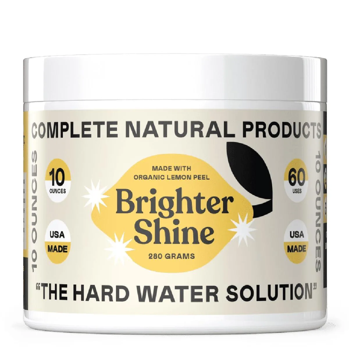 White plastic tub of lemon-scented dishwasher cleaner powder, 10 oz, 60 uses