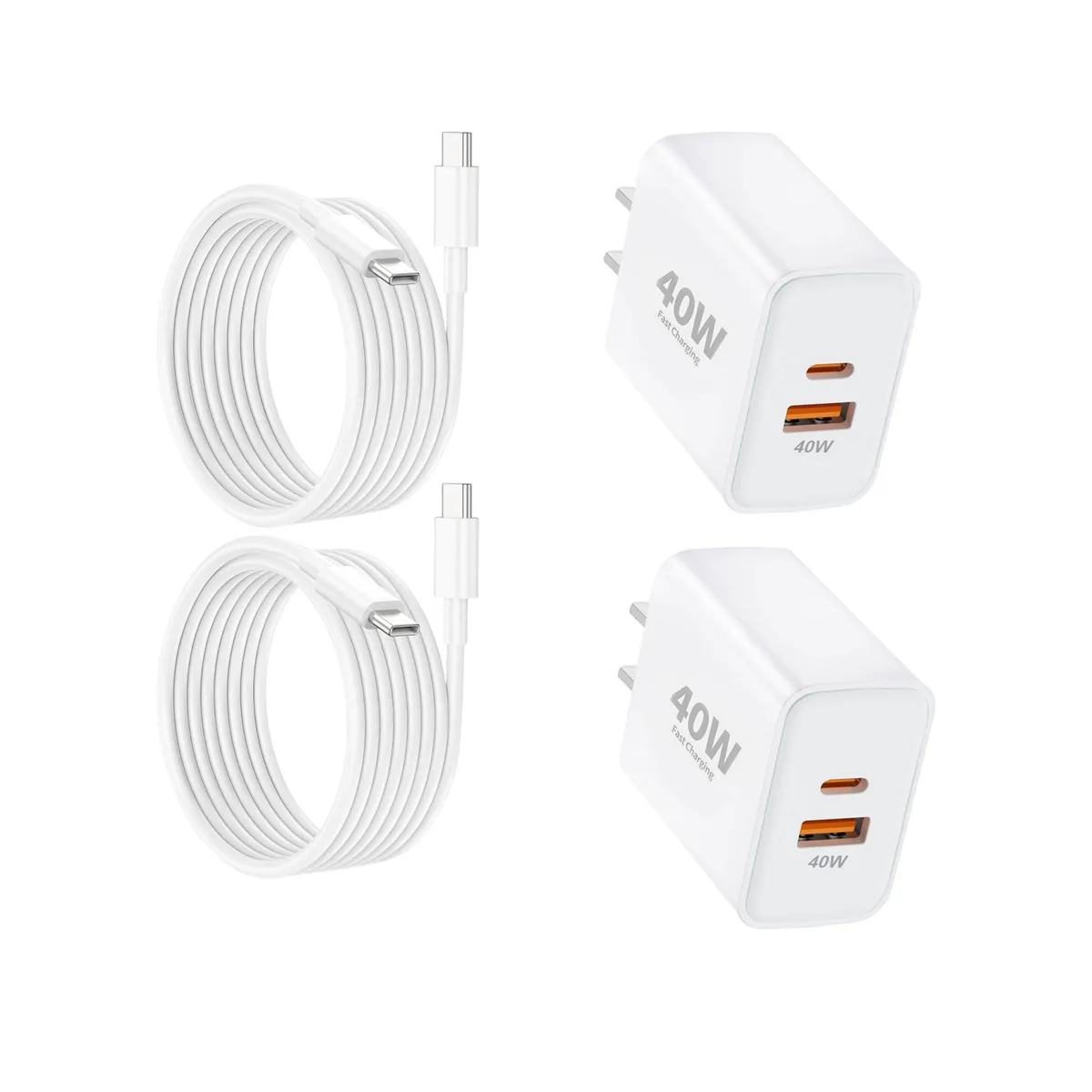 Two white wall chargers with USB-C and USB-A ports plus two long USB-C cables